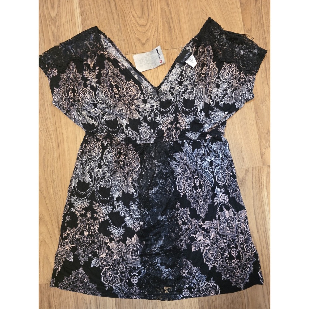 Vintage Babydoll Top Buckle‎ Daytrip Size Large Black Lace Floral Cap Sleeve NWT